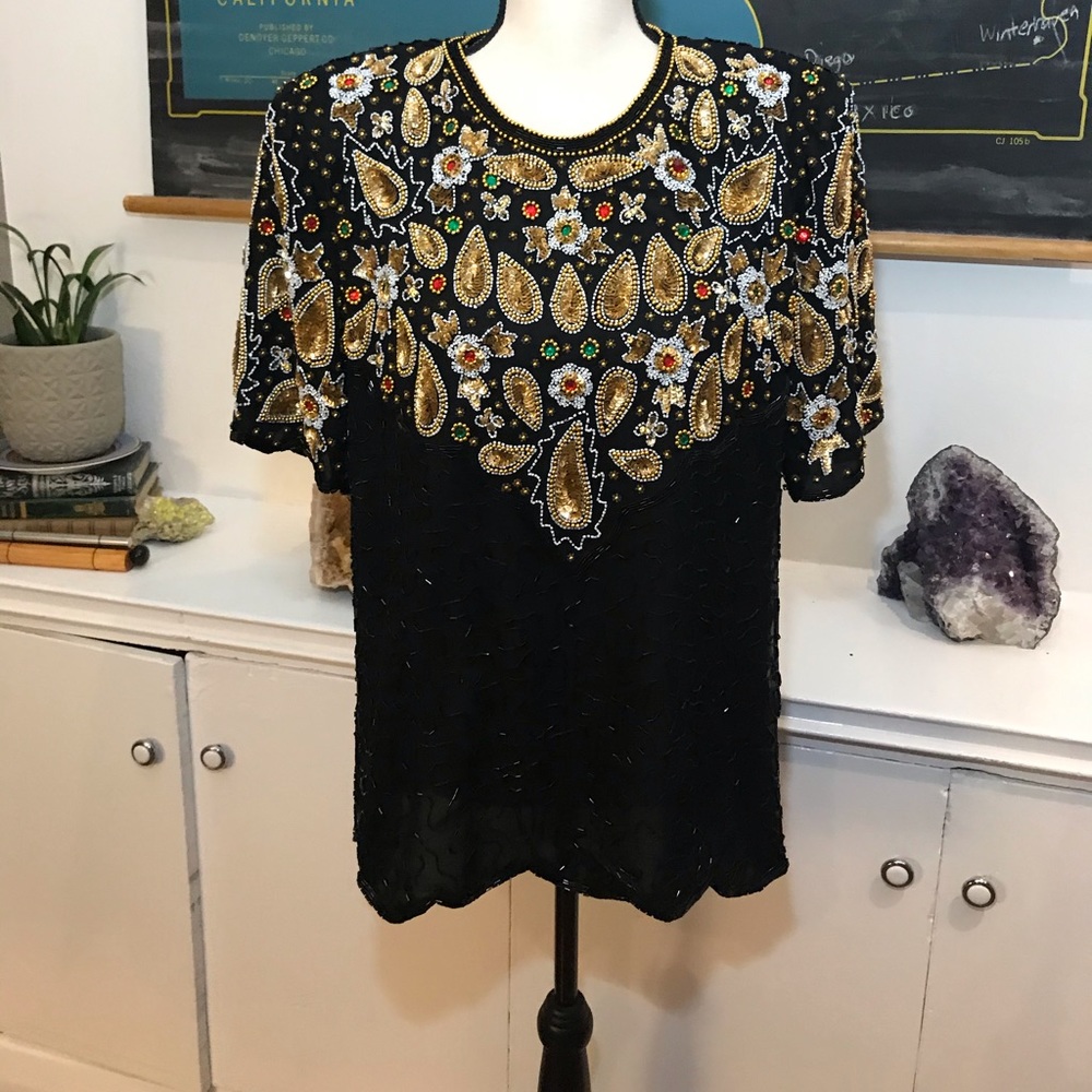 Vintage Laurence Kazar | Silk sequined top 1X VTG